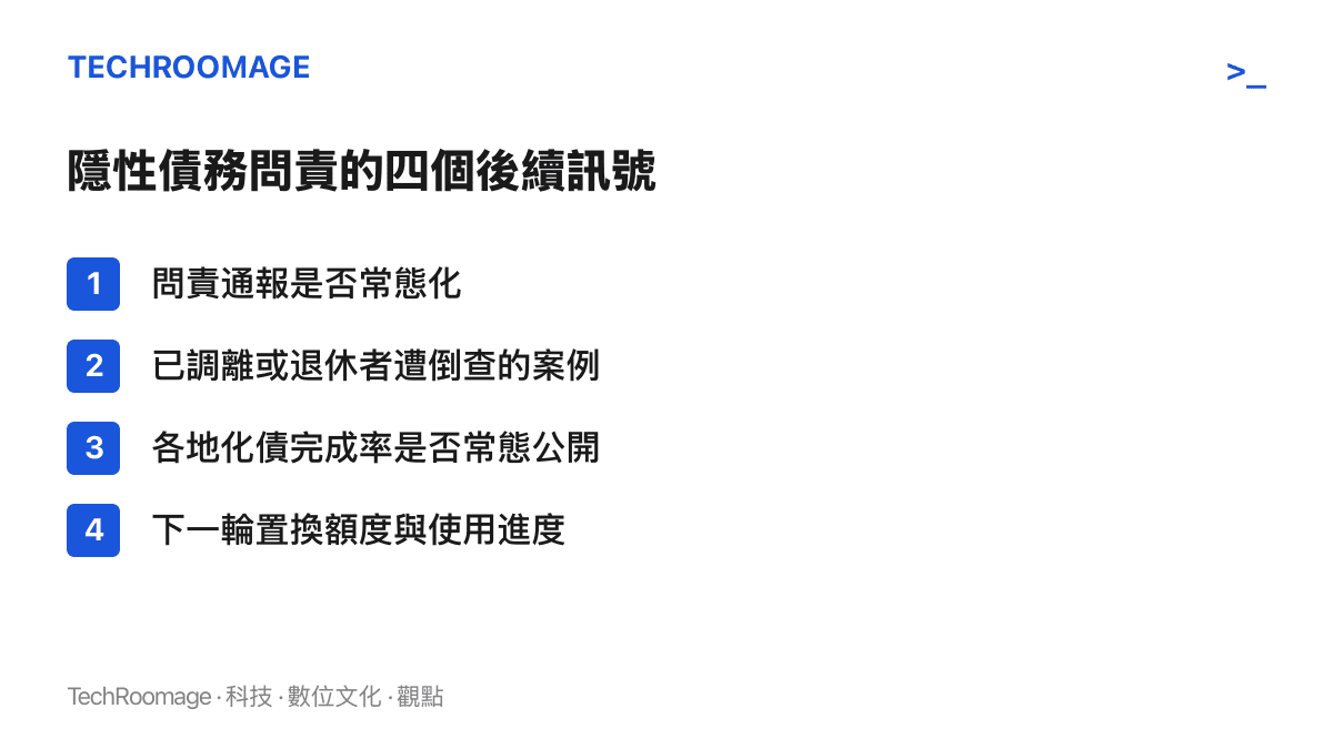 清單圖卡列出觀察這波隱性債務問責的四個後續訊號：通報常態化、倒查已離任者、化債數據常態公開，以及置換額度與使用進度