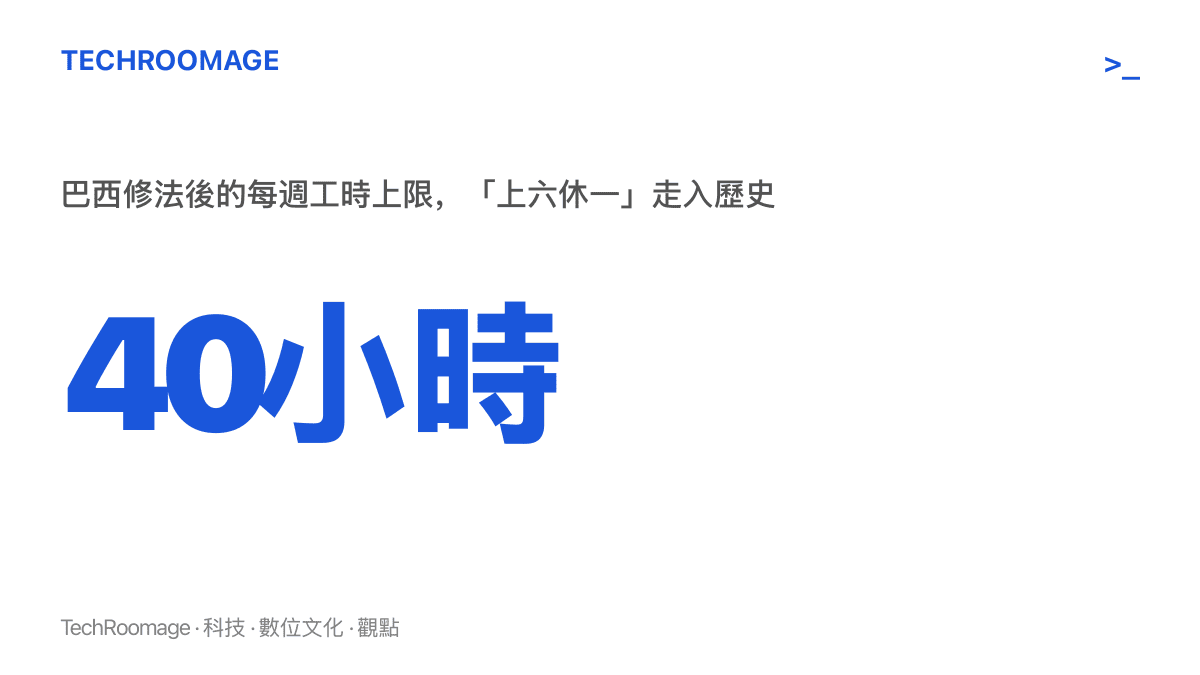 統計圖卡標示巴西修法後的每週工時上限為40小時，六天工作制正式廢除