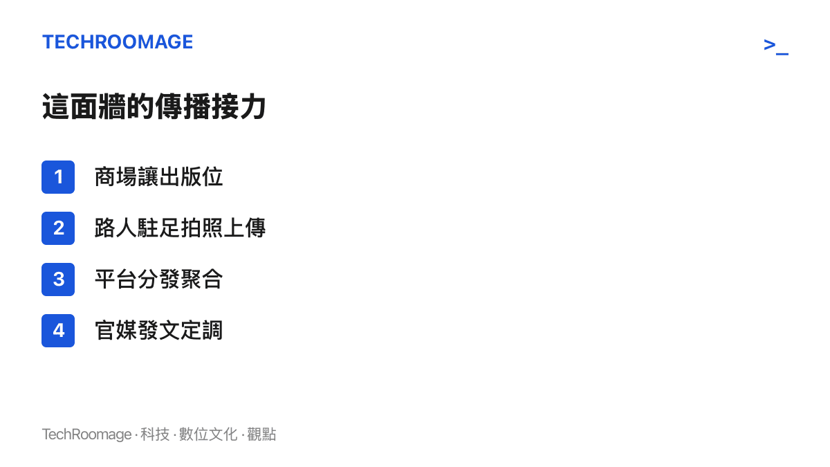 清單呈現商場功勳海報的傳播流程，從商場讓出廣告版位、路人拍照上傳、平臺分發到官媒發文肯定共四個階段