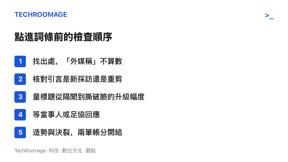 清單圖卡列出判讀決裂傳聞的五個步驟：確認具名出處、核對發言時間、衡量標題升級幅度、等待當事人回應、把造勢事實與決裂推論分開