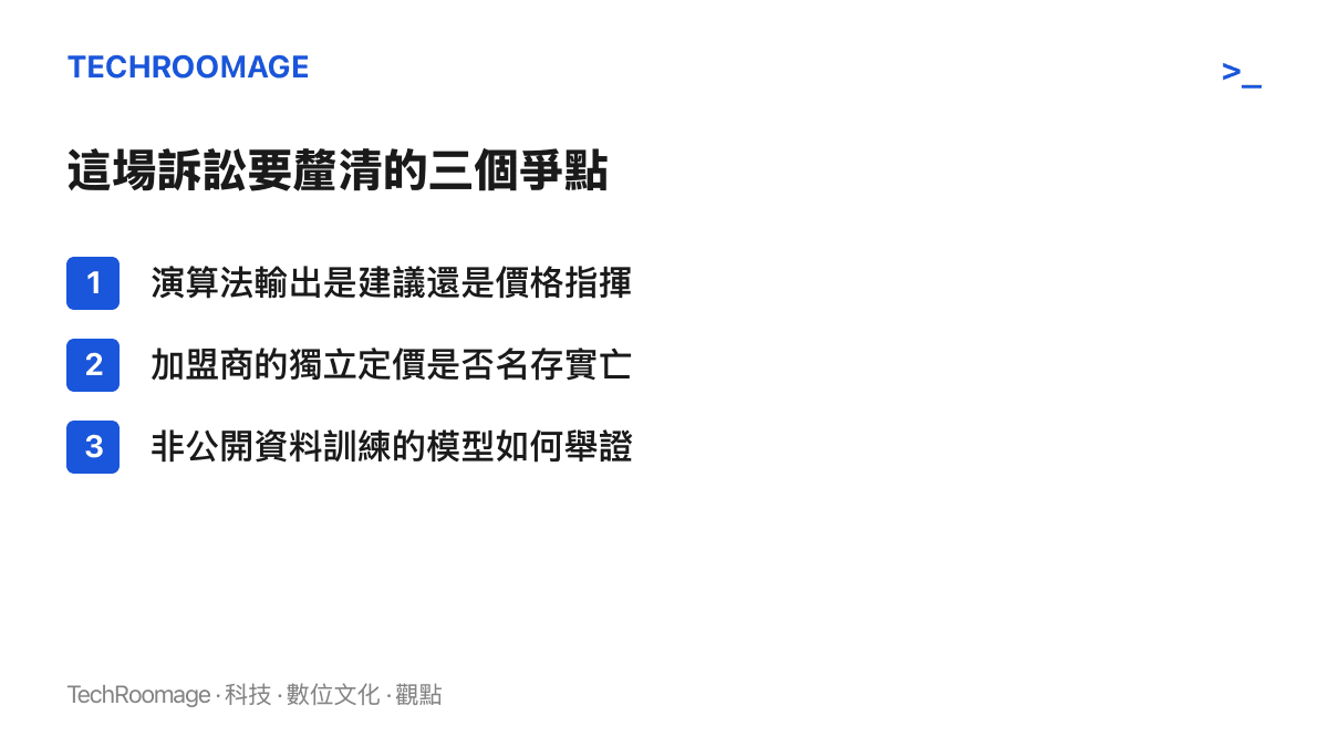 清單圖卡列出麥當勞訴訟的三個待釐清爭點：演算法輸出屬於建議或價格指揮、加盟商獨立定價是否名存實亡、非公開資料訓練模型的舉證方式