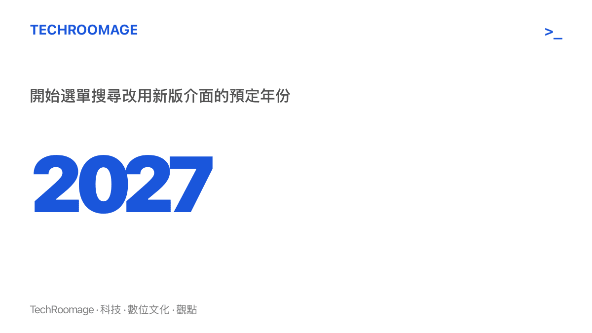 統計圖卡呈現 2027 這個年份，代表微軟預定讓開始選單內建搜尋改用新版介面、並可能連動調整 Win 鍵的時間點
