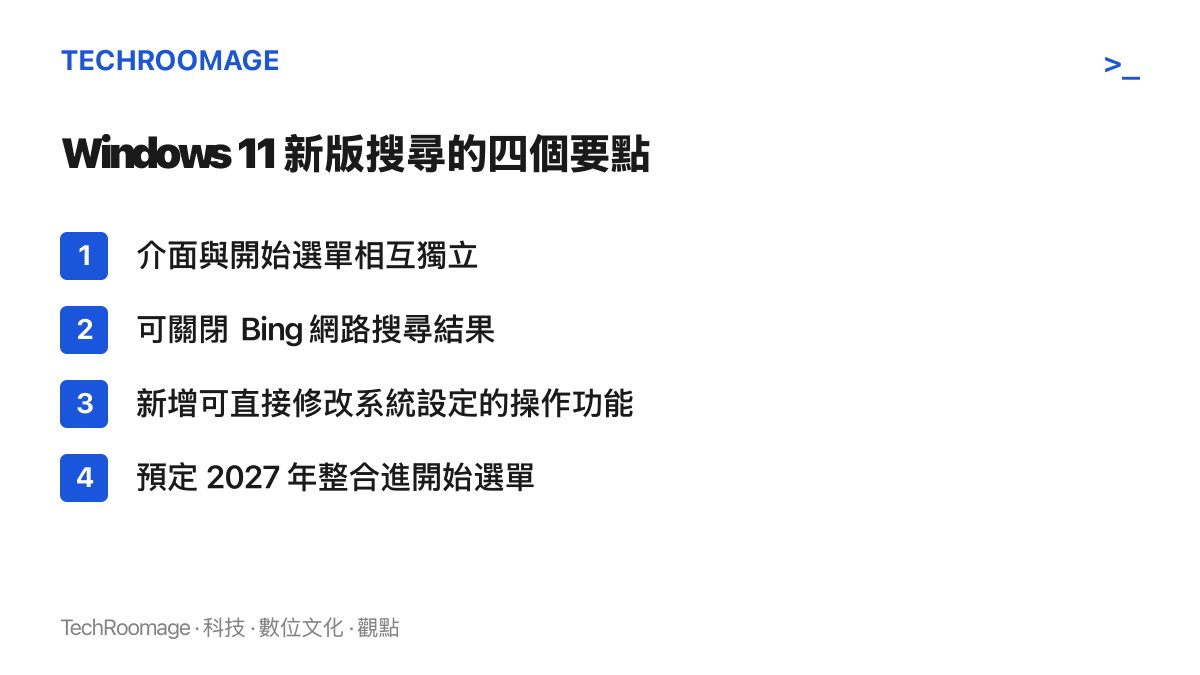 清單圖卡列出 Windows 11 新版搜尋的四項要點：介面與開始選單獨立、可關閉 Bing 搜尋結果、內建可直接修改系統設定的操作功能，以及預定 2027 年整合進開始選單