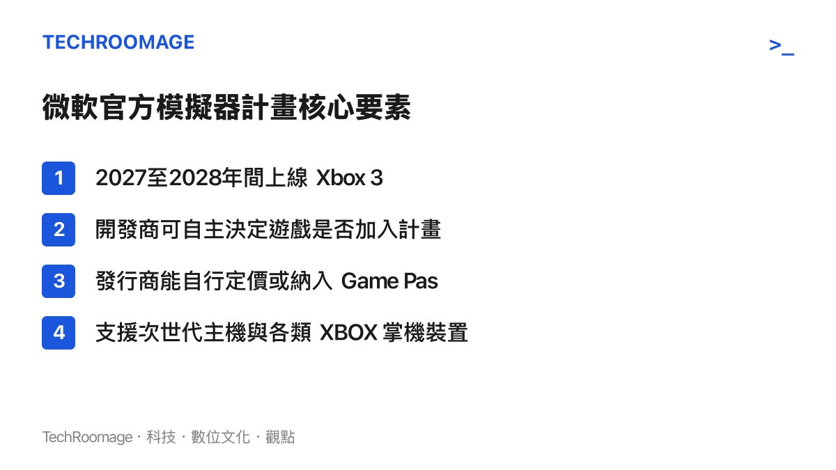 條列微軟 Xbox 360 官方模擬器計畫的四個核心要素，包含上線時程、開發商授權機制與硬體支援範圍