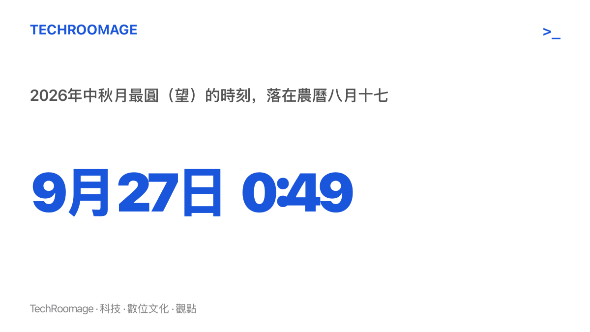 統計圖卡呈現2026年中秋滿月的精確時刻為9月27日凌晨0時49分，換算後對應農曆八月十七