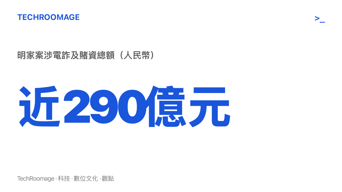 明家案涉及的電信詐騙與賭博資金合計近290億元人民幣，圖中以大字標出這筆涉案總額