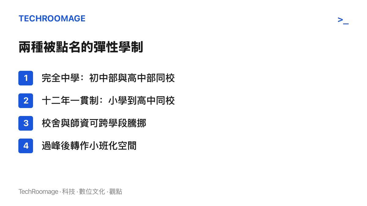 圖卡列出完全中學與十二年一貫制兩種學制的年段涵蓋範圍，並說明校舍與師資可跨學段調度、過峯後轉為小班化使用