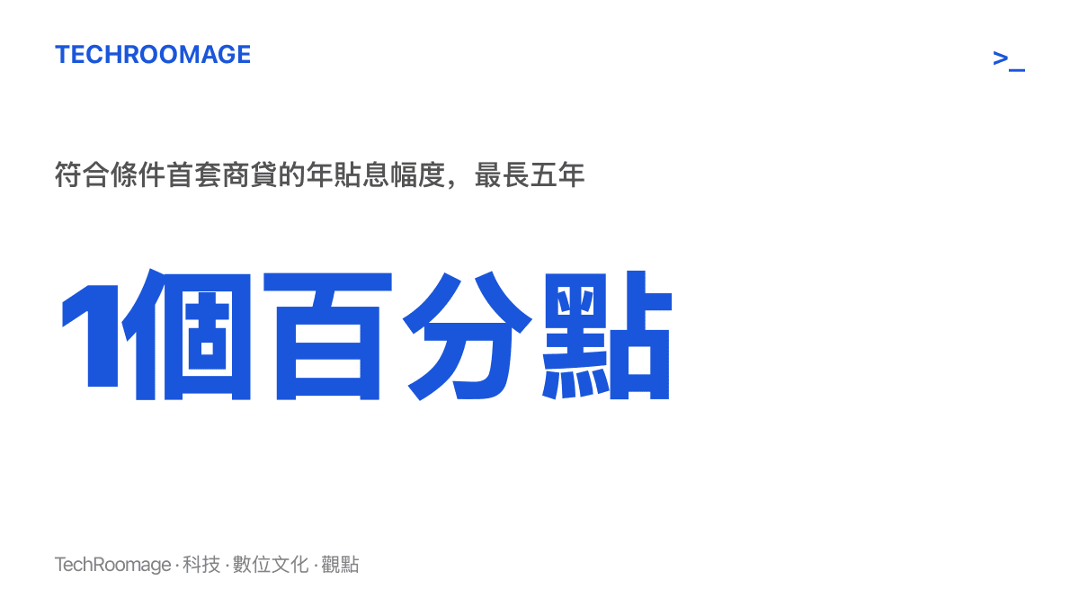 統計圖卡呈現房貸貼息的核心數字：符合條件的首套商業貸款每年可獲一個百分點的利息補貼，期限最長五年，累計節省上限近五萬元