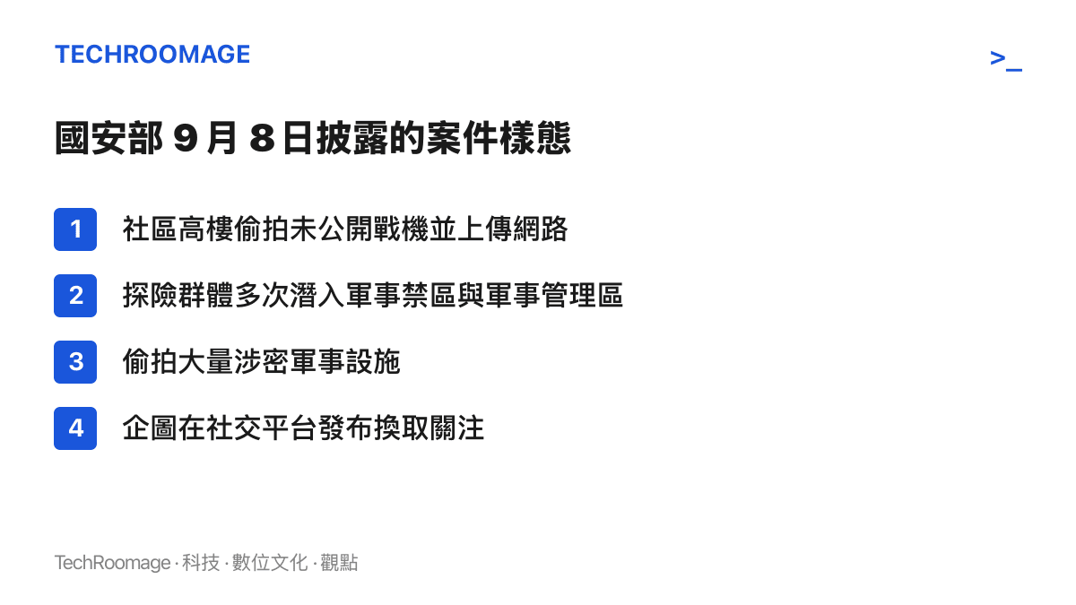 清單圖列出國安部披露的偷拍案件樣態，包括在社區高樓偷拍未公開戰機上傳網路，以及探險羣體潛入軍事禁區拍攝涉密軍事設施等行為