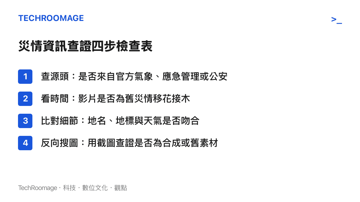 災情謠言查證四步檢查表，依序為查源頭、看時間、比對細節、反向搜圖