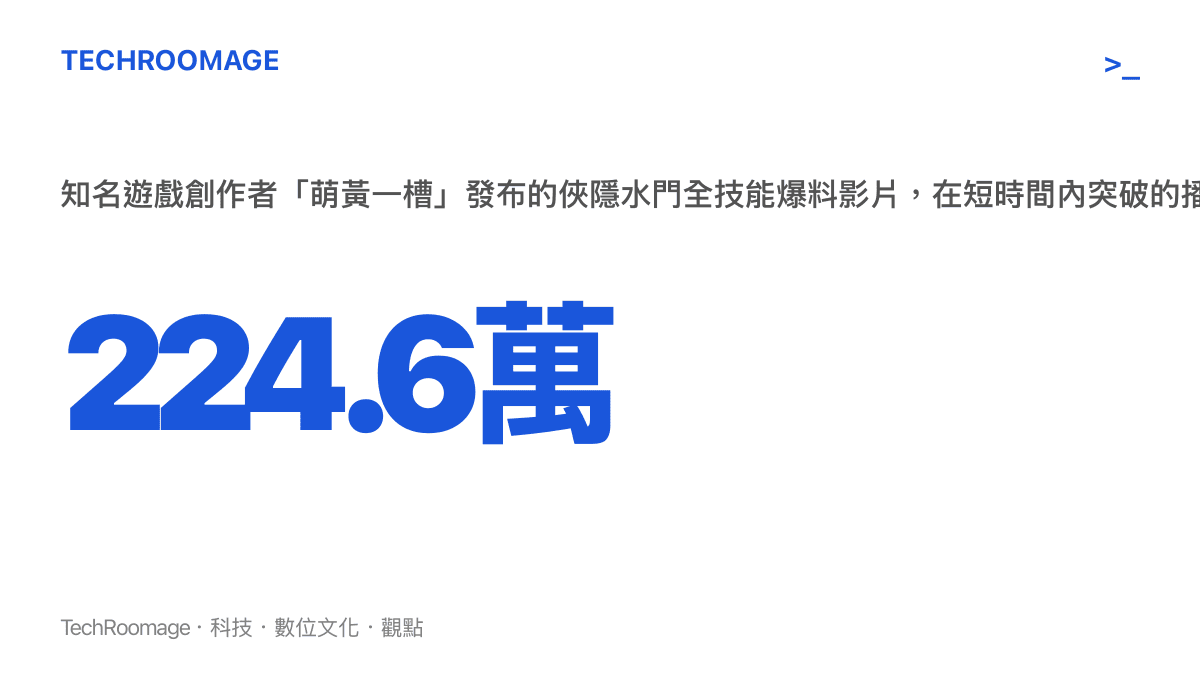 統計圖卡呈現知名遊戲創作者萌黃一槽發布的俠隱水門全技能爆料影片，在短時間內突破兩百二十四點六萬次播放的高流量數據