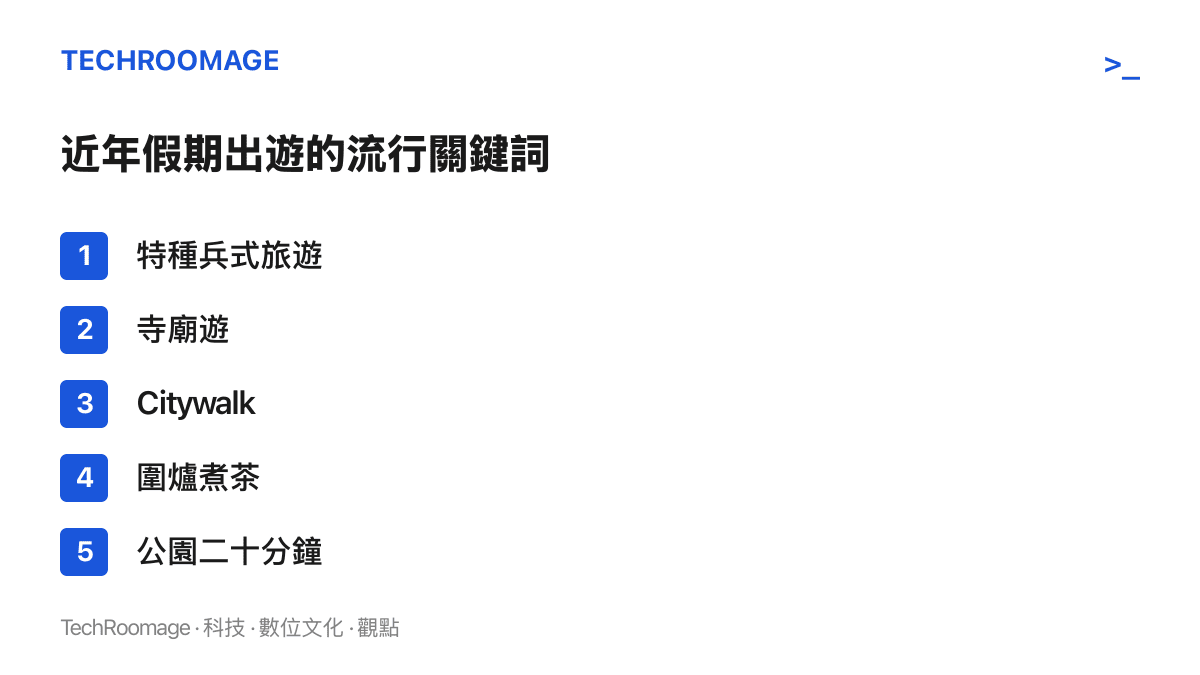 清單列出近年假期出遊的五個流行關鍵詞，從特種兵式旅遊、寺廟遊、Citywalk、圍爐煮茶到公園二十分鐘，呈現假期玩法往低刺激收斂的路徑