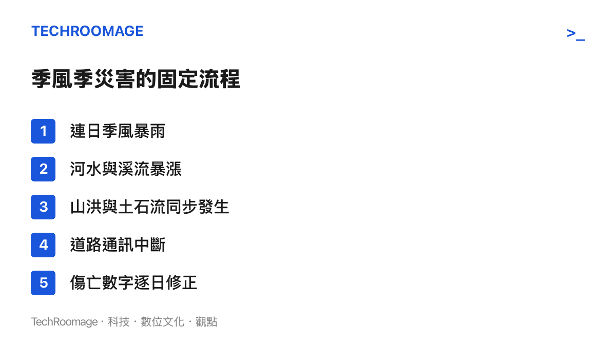 圖表列出尼泊爾季風季災害的循環流程，從連日暴雨、河水暴漲、山洪與土石流，到道路中斷與傷亡數字逐日修正