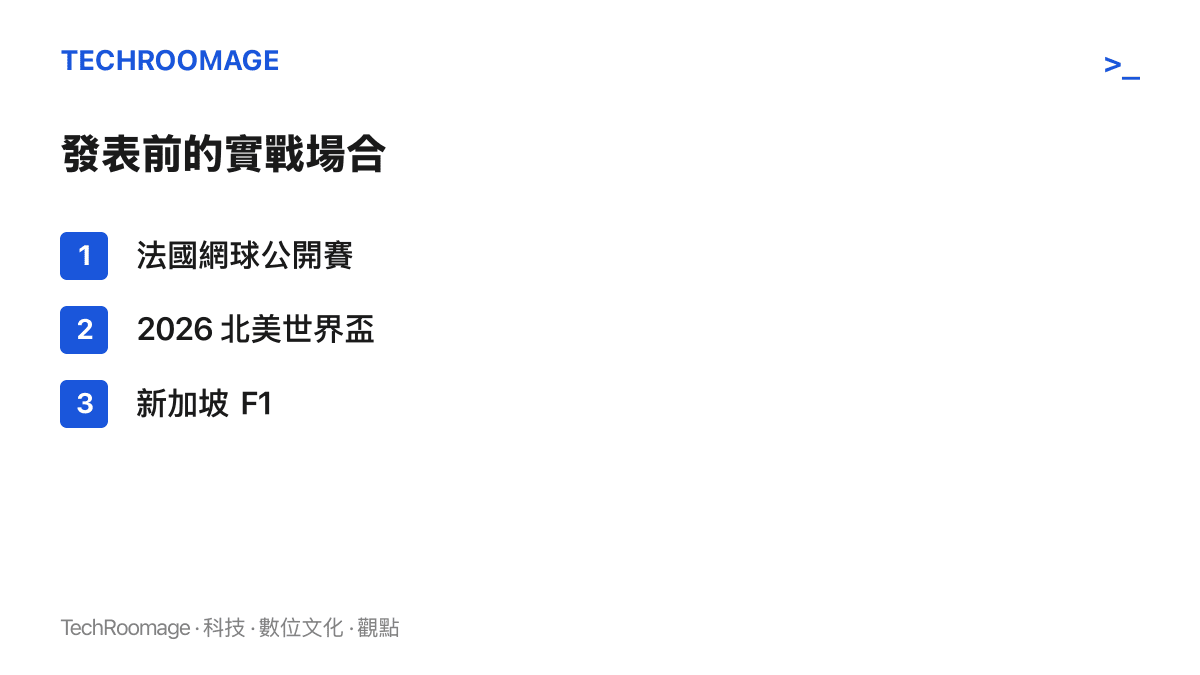 圖卡列出尼康這支開發中長變焦鏡在正式發表前被目擊投入實戰的三個頂級賽事：法國網球公開賽、2026 北美世界盃與新加坡F1
