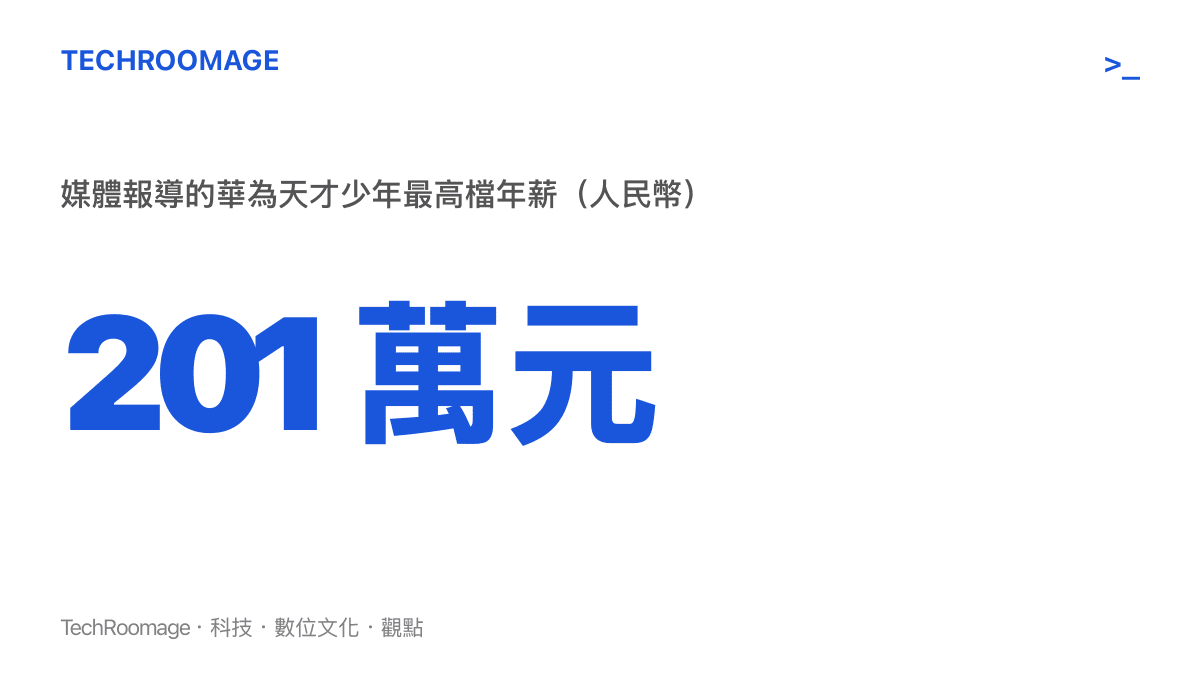 統計圖卡呈現華為天才少年計畫媒體報導的最高檔年薪為人民幣兩百零一萬元