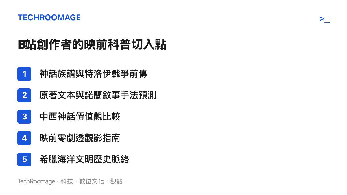 清單圖卡列舉了B站創作者針對電影奧德賽製作的五種主要科普切入角度