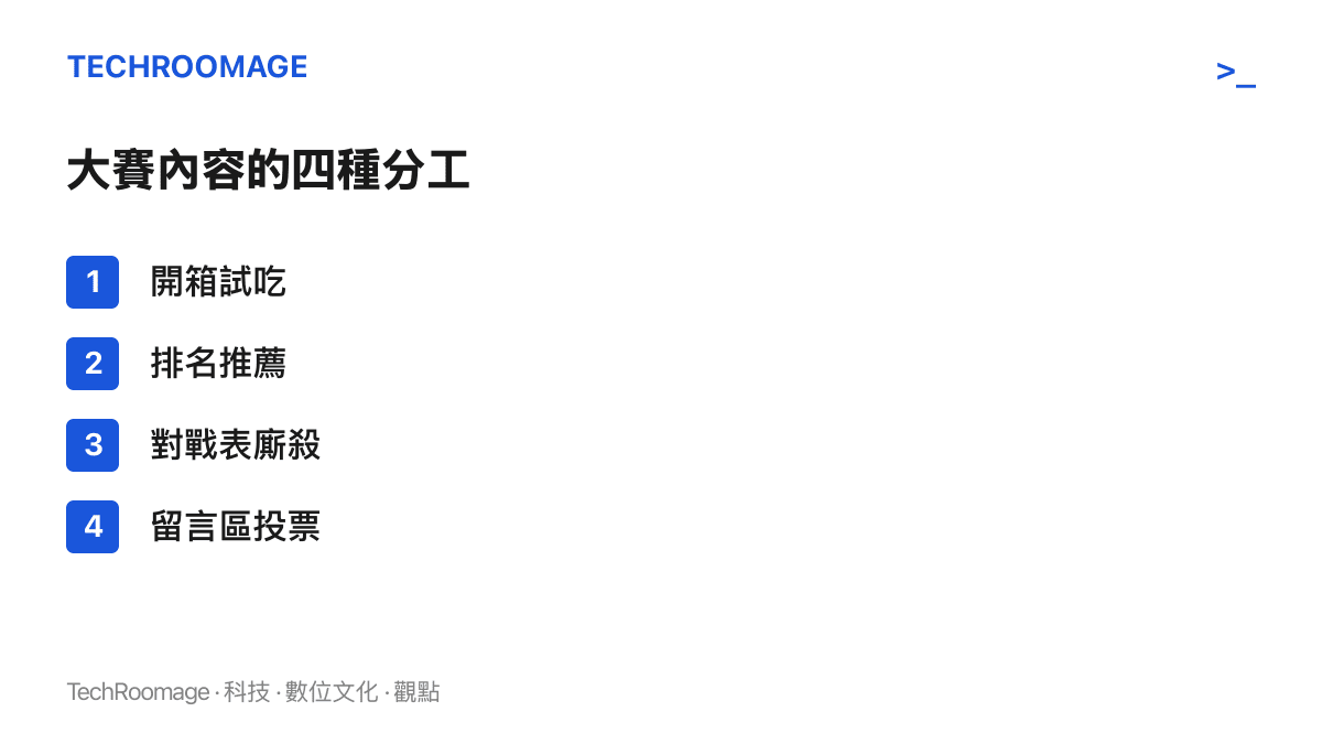 清單圖卡列出糯門零食大賽的四種參與形式：開箱試喫、排名推薦、對戰表廝殺與留言區投票