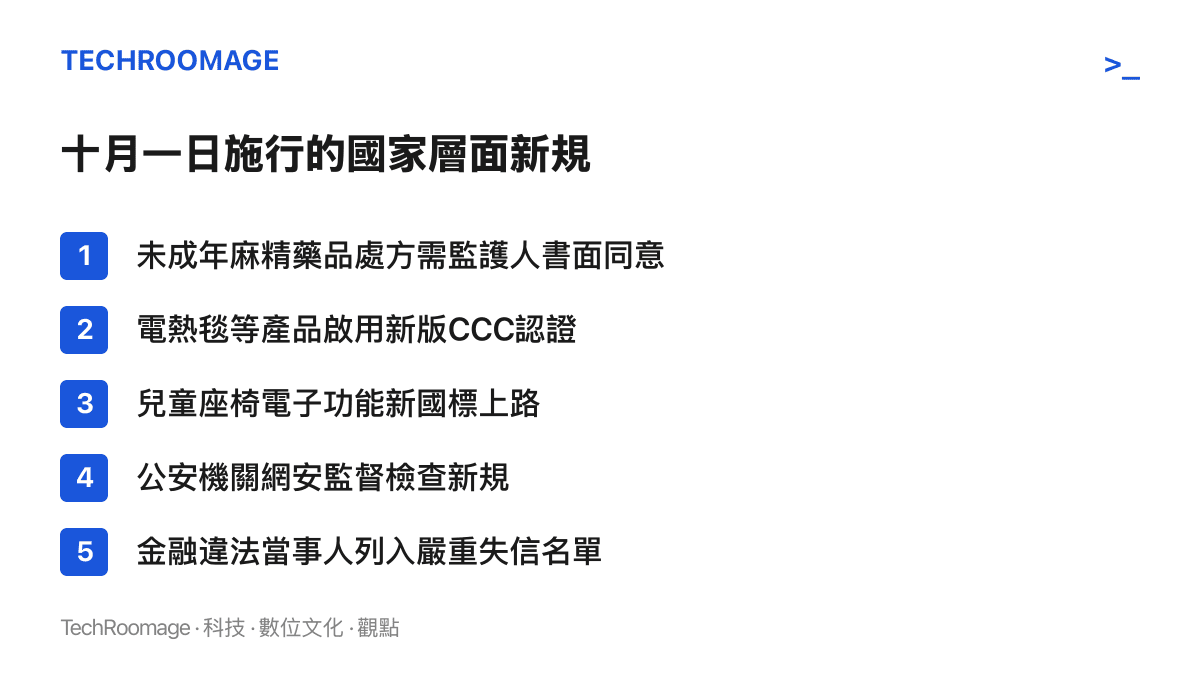 清單列出十月一日生效的五項國家層面規定，涵蓋未成年人麻精藥品處方須監護人書面同意、電熱毯新版CCC認證、兒童座椅電子功能國標、公安網安監督檢查與金融嚴重失信名單