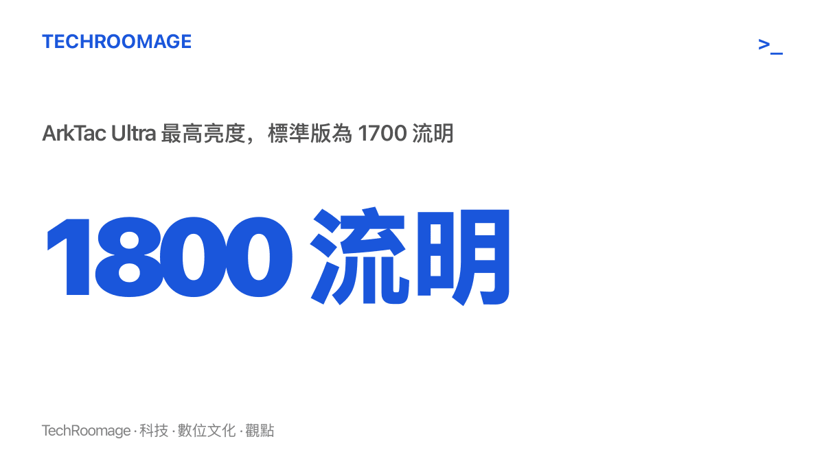 統計圖卡呈現 ArkTac Ultra 最高亮度為 1800 流明，與標準版 ArkTac 的 1700 流明相比僅差 100 流明