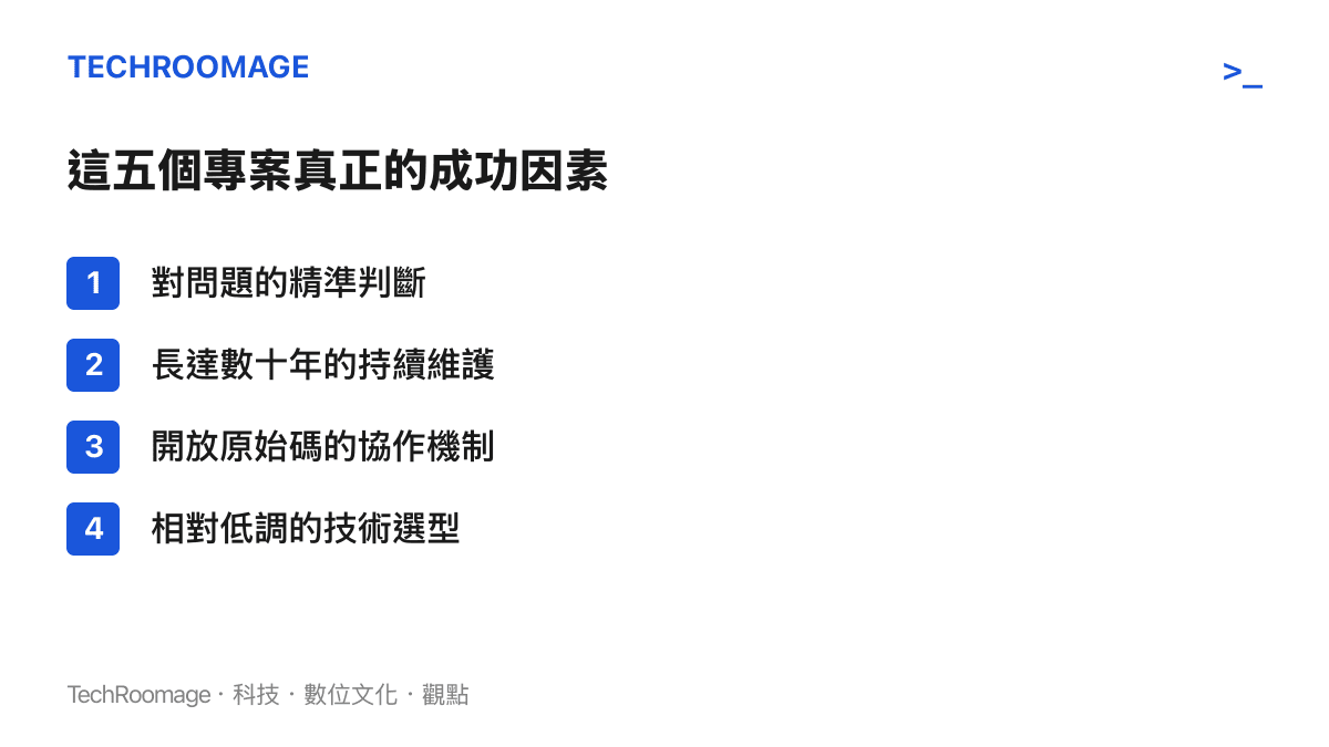 五個知名開源軟體專案的成功因素條列圖卡，列出問題判斷、長期維護、開源協作與低調選型