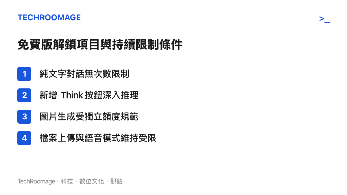 清單列出 ChatGPT 免費版取消純文字對話限制後，各項功能的使用權限變化與維持受限的條件