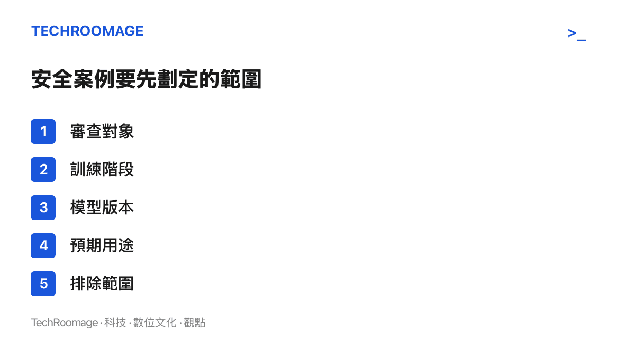 清單列出安全案例文件在審查展開前必須先定義的五個項目：審查對象、訓練階段、模型版本、預期用途與排除範圍