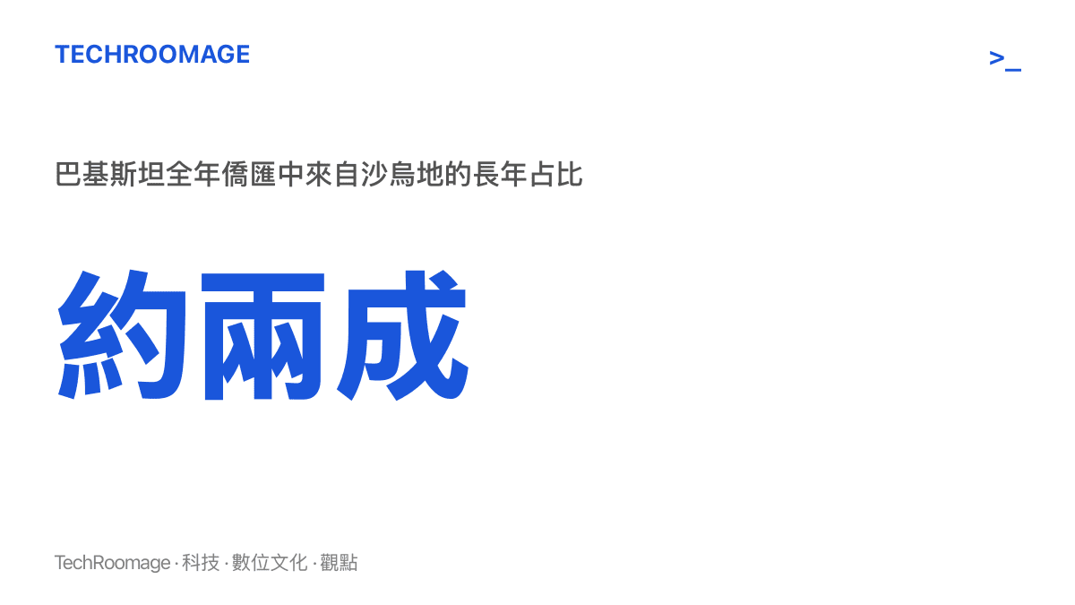 統計圖卡呈現巴基斯坦全年僑匯約有兩成來自沙烏地，沙烏地長年為巴基斯坦僑匯最大單一來源