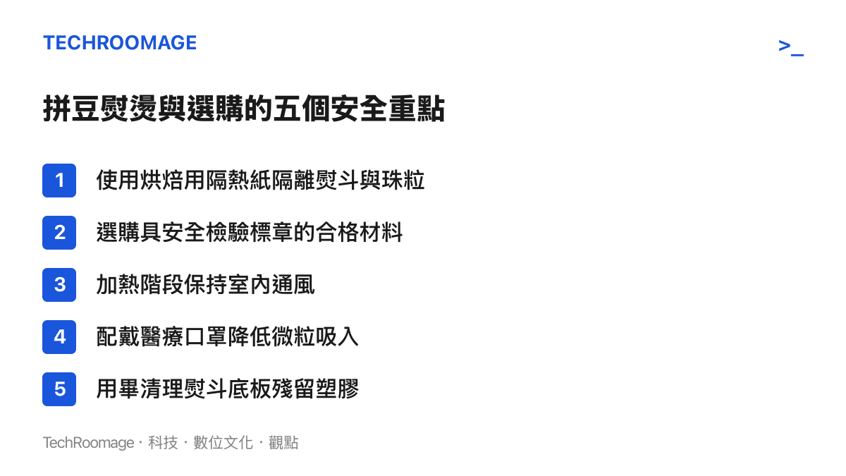 列出拼豆熨燙與材料選購的五個安全重點，涵蓋隔熱紙、安全標章、通風、口罩與熨斗清潔