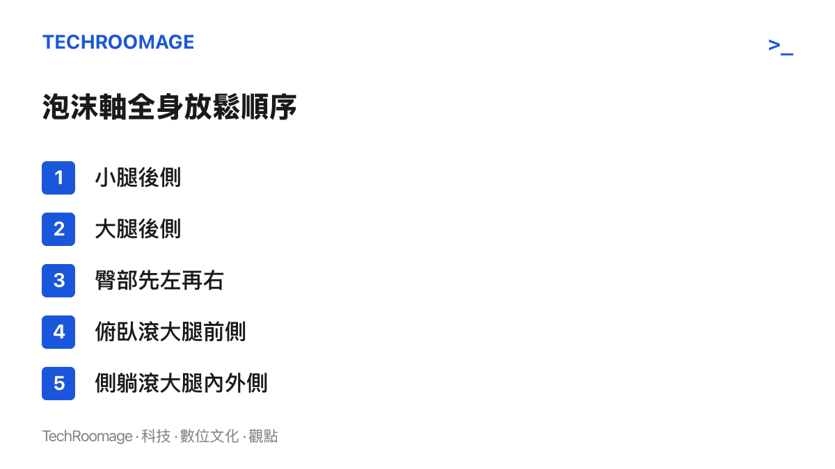 清單圖列出泡沫軸放鬆全身的滾動順序，從小腿與大腿後側開始，依序處理臀部、大腿前側與大腿內外側