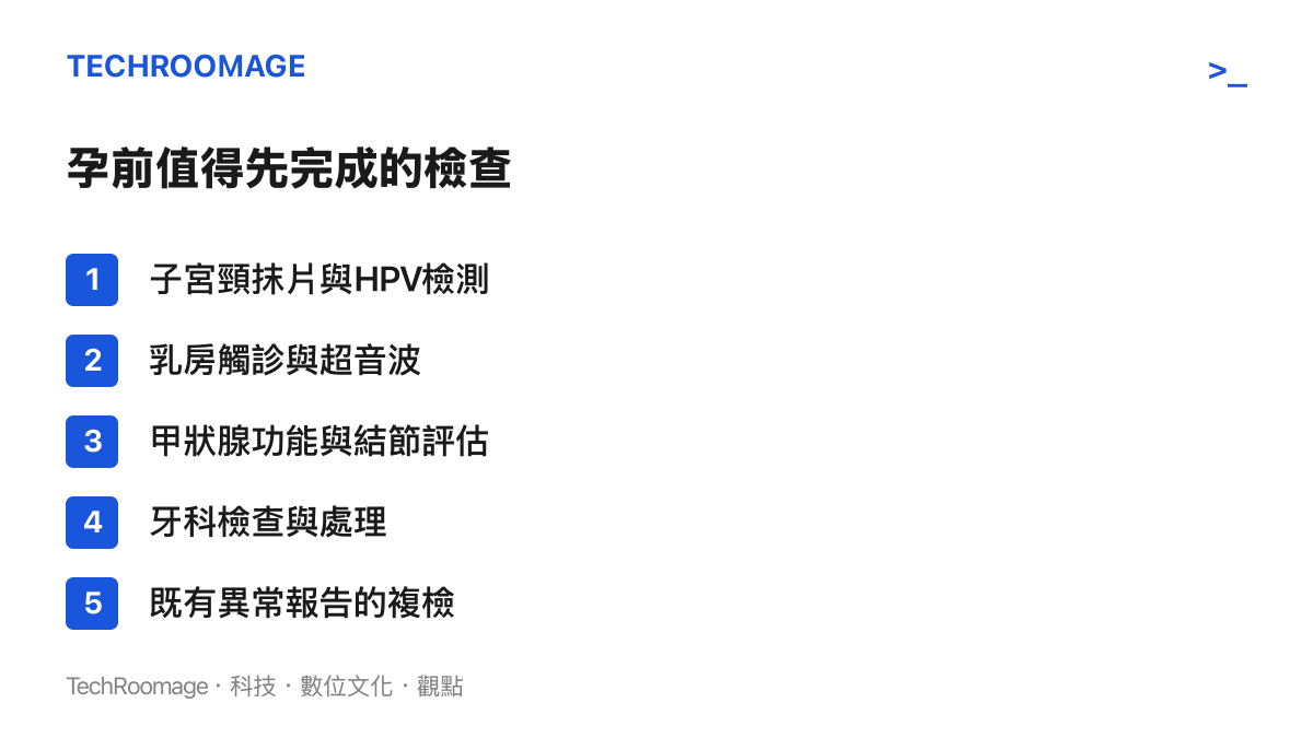 清單圖卡列出孕前建議先完成的五類檢查項目：子宮頸抹片與HPV檢測、乳房觸診與超音波、甲狀腺功能與結節評估、牙科檢查與處理，以及既有異常報告的複檢