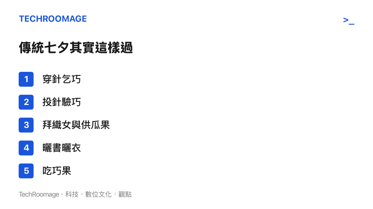 圖卡列舉傳統七夕的五項習俗，包含穿針乞巧、投針驗巧、拜織女與供瓜果、曬書曬衣與喫巧果，呈現乞巧節的原本面貌