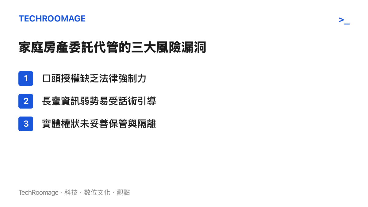 這張清單圖卡列出了家庭成員之間委託處理房產時最常見的三個風險：僅有口頭約定、長輩容易被仲介說服，以及房屋所有權狀沒有妥善保管與隔離