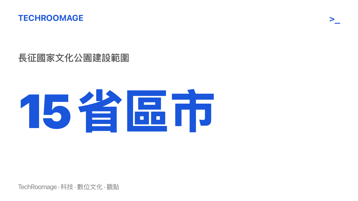 統計圖卡呈現長徵國家文化公園的建設範圍涵蓋十五個省區市，串起江西於都、貴州遵義、四川瀘定到陝西吳起的沿線地帶