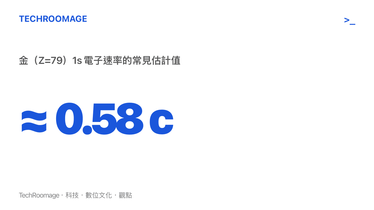 金的內層電子速率估計約達光速的百分之五十八，顯示重元素必須用相對論修正