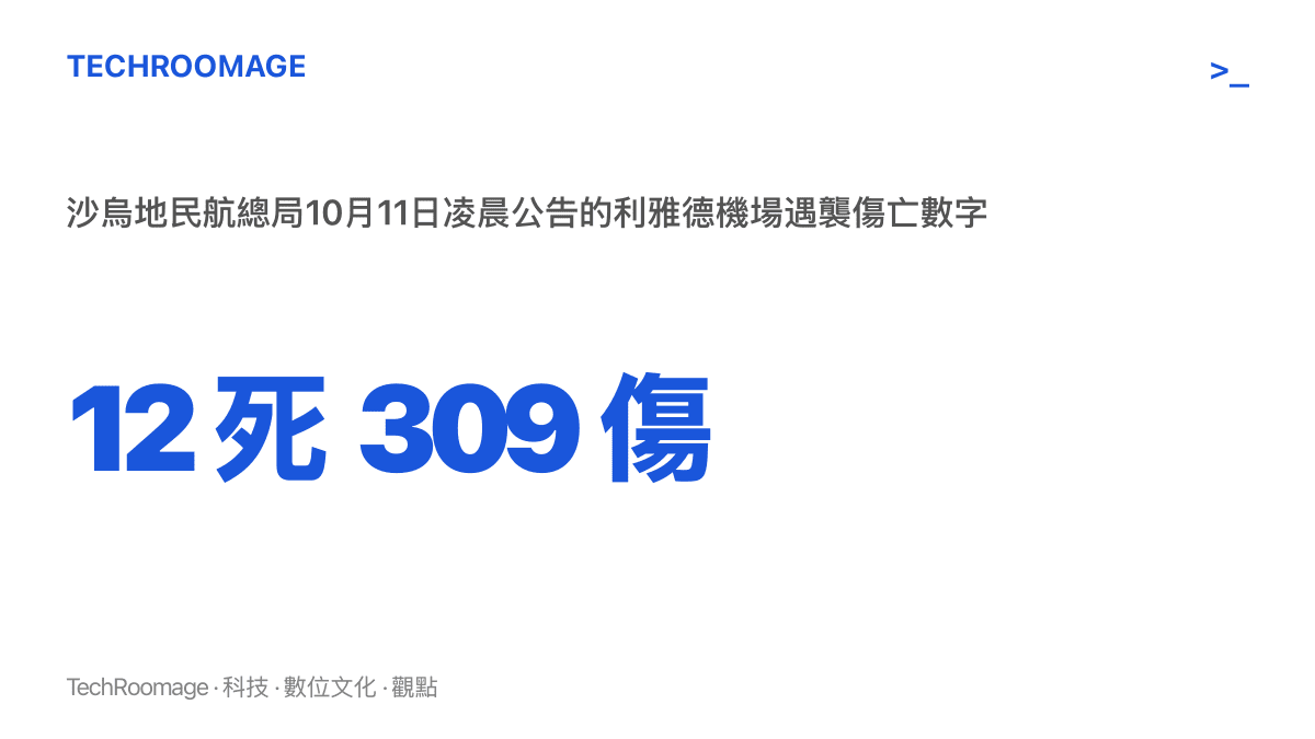 統計圖卡呈現沙烏地民航總局於10月11日凌晨公告的利雅德哈立德國王國際機場遇襲傷亡數字，共12人死亡、309人受傷