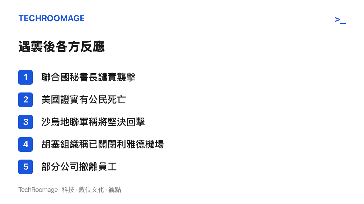 清單圖卡列出利雅德機場遇襲後各方反應，包括聯合國祕書長譴責、美國證實有公民死亡、沙烏地聯軍揚言堅決回擊、胡塞組織宣稱關閉利雅德機場，以及部分公司撤離員工