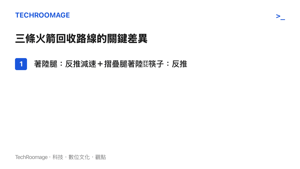 三條火箭回收路線的減速與捕獲方式比較：獵鷹著陸腿、星艦筷子機械臂、長十乙網系