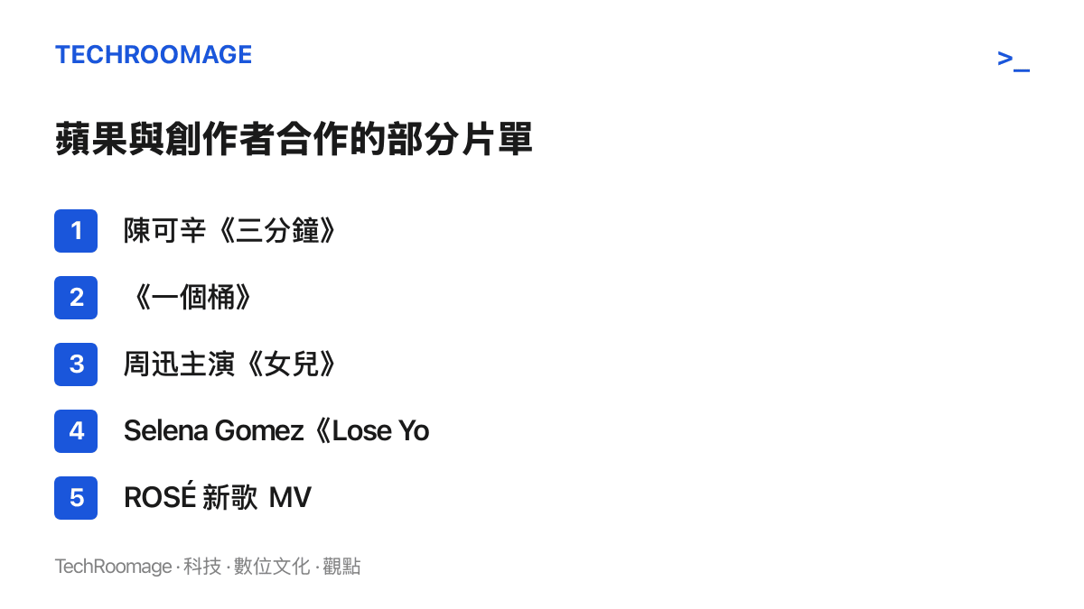 清單列出蘋果近年與導演及歌手合作、以 iPhone 拍攝的代表作品，從陳可辛的春節短片到 Selena Gomez 的 MV 再到 ROSÉ 的新歌 MV。