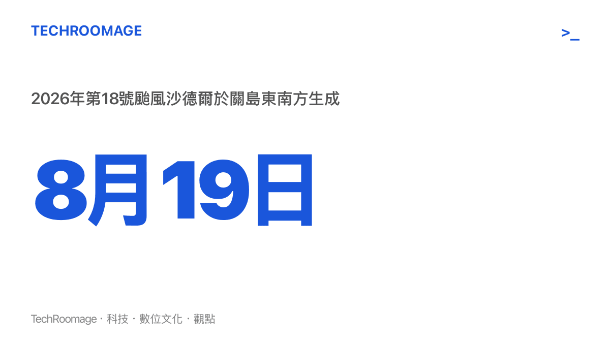 統計圖卡呈現沙德爾於2026年8月19日在關島東南方海面生成，編號為當年第18號颱風