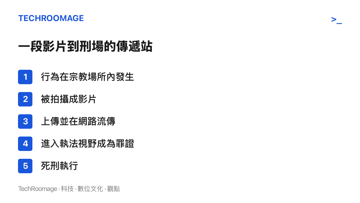 清單呈現一段影片從行為發生、被拍攝、上傳流傳、成為司法罪證到死刑執行的五個先後站點