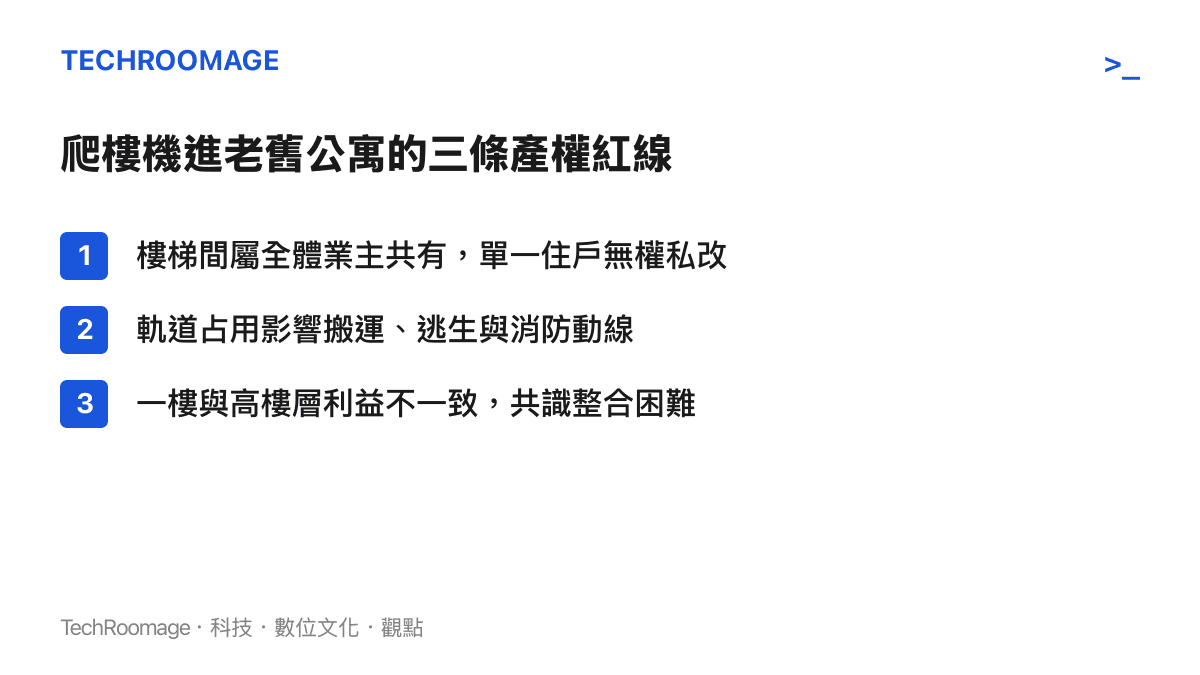 老舊公寓安裝爬樓機會同時觸動產權、公共空間外部性與共識機制三條紅線