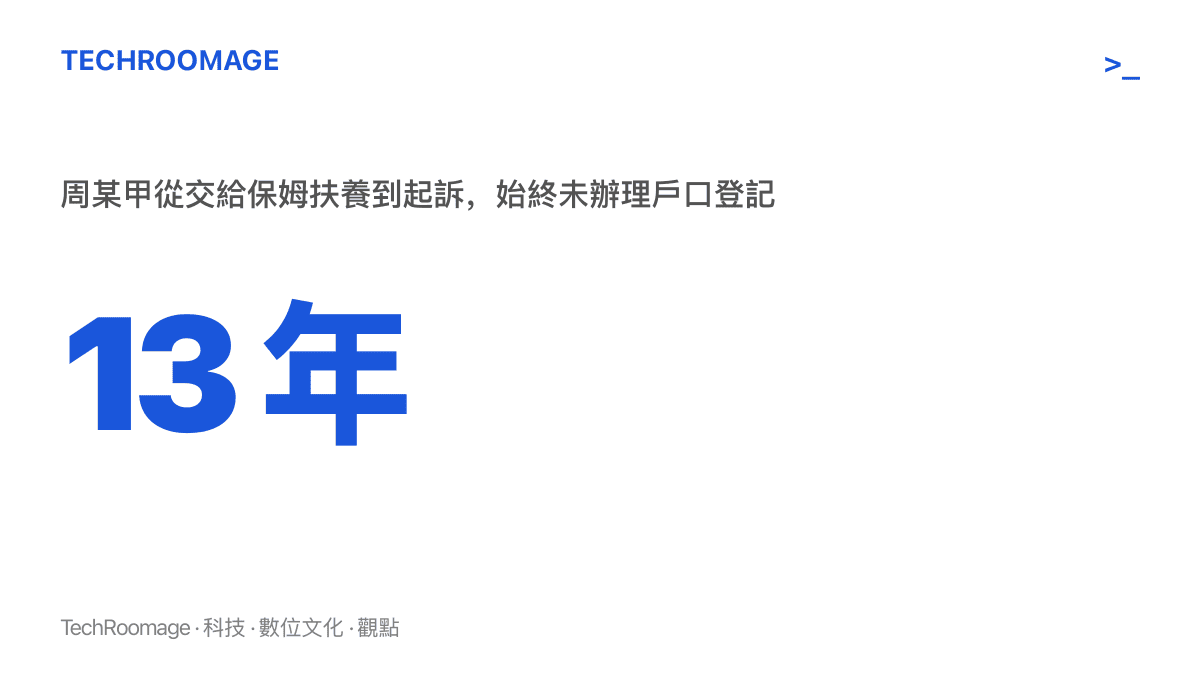 周某甲從被交給保姆扶養到案件起訴為止，長達13年未辦理戶口登記，直接影響她的生活與學習