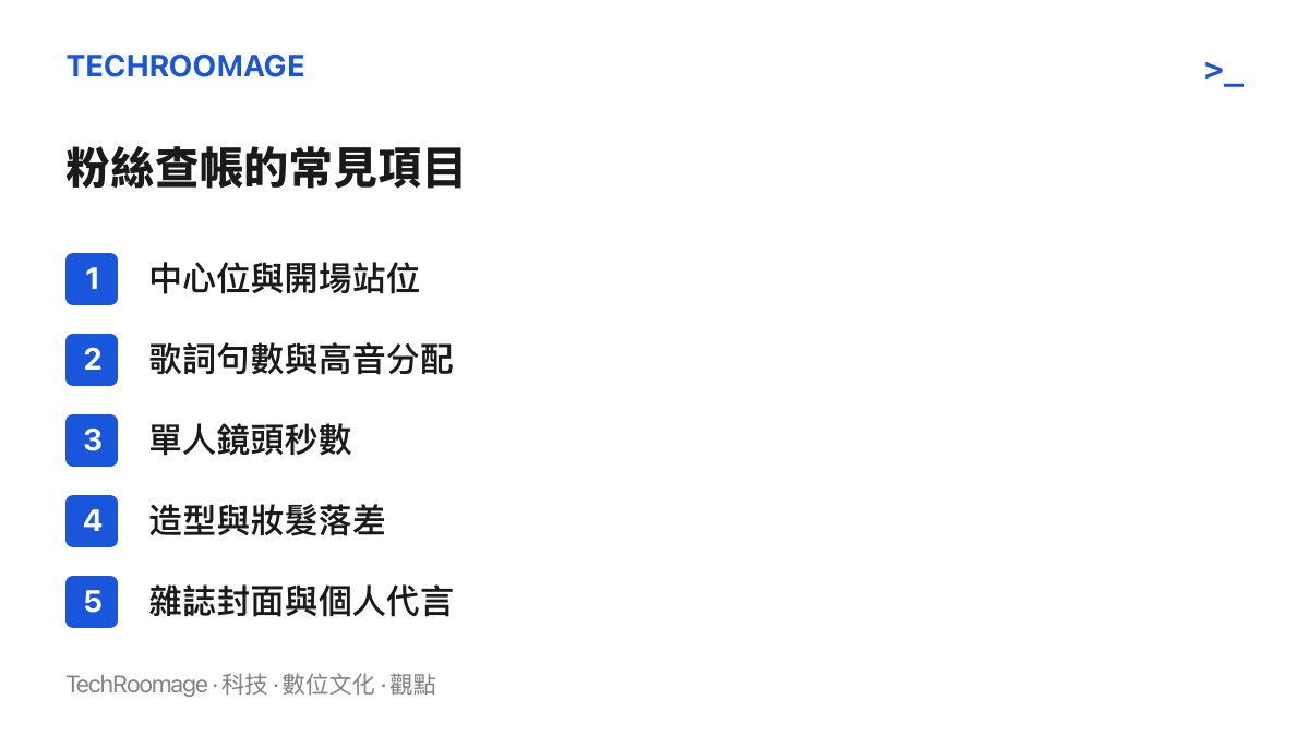 清單圖卡列出粉絲衡量女團成員資源差距的五個項目，涵蓋站位、歌詞分配、鏡頭秒數、造型落差與個人資源