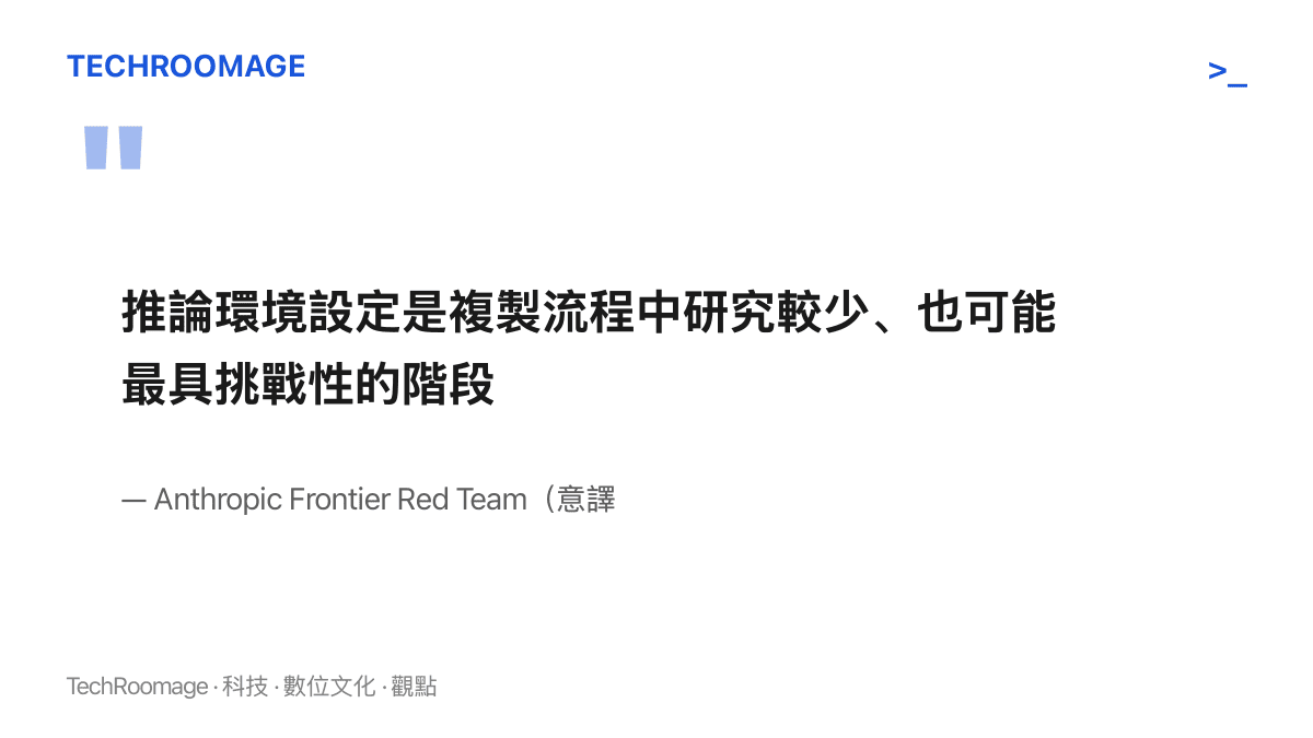 Anthropic 前沿紅隊指出推論環境設定是模型自我複製流程中研究較少且可能最具挑戰性的階段