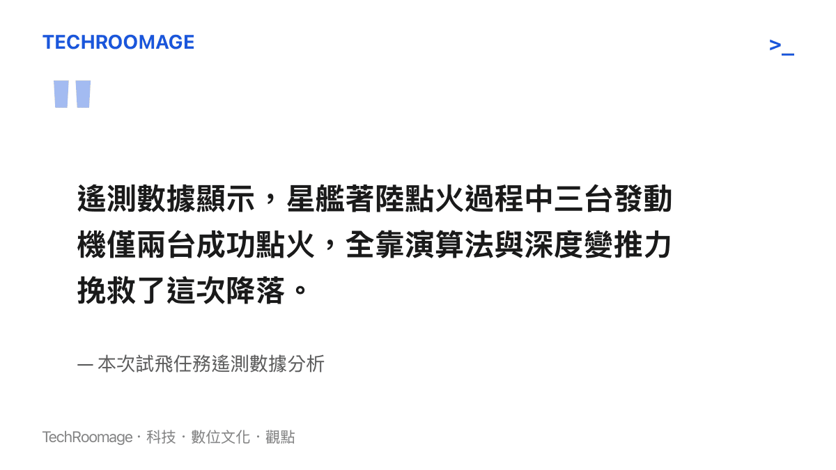 引述星艦在單顆發動機點火失效情況下，依靠演算法與深度變推力成功完成海上濺落的過程