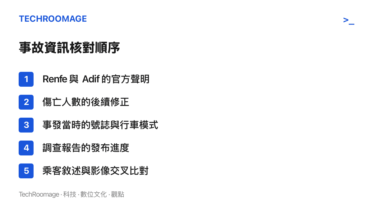 清單圖卡列出西班牙列車相撞事故後續可依序核對的五個項目，包括官方聲明、傷亡數字修正、事發當時號誌運作模式、調查報告進度，以及乘客敘述與現場影像的交叉比對