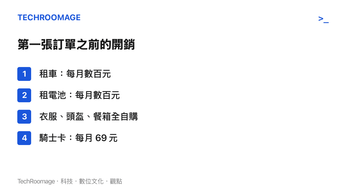 清單圖列出外送騎手開始接單前的四項固定開銷：租車、租換電池、自購裝備與每月騎士卡通話方案