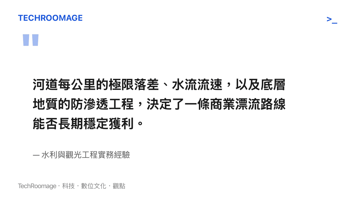 引述水利工程實務經驗，指出河道落差流速與防滲工程是漂流路線獲利的關鍵