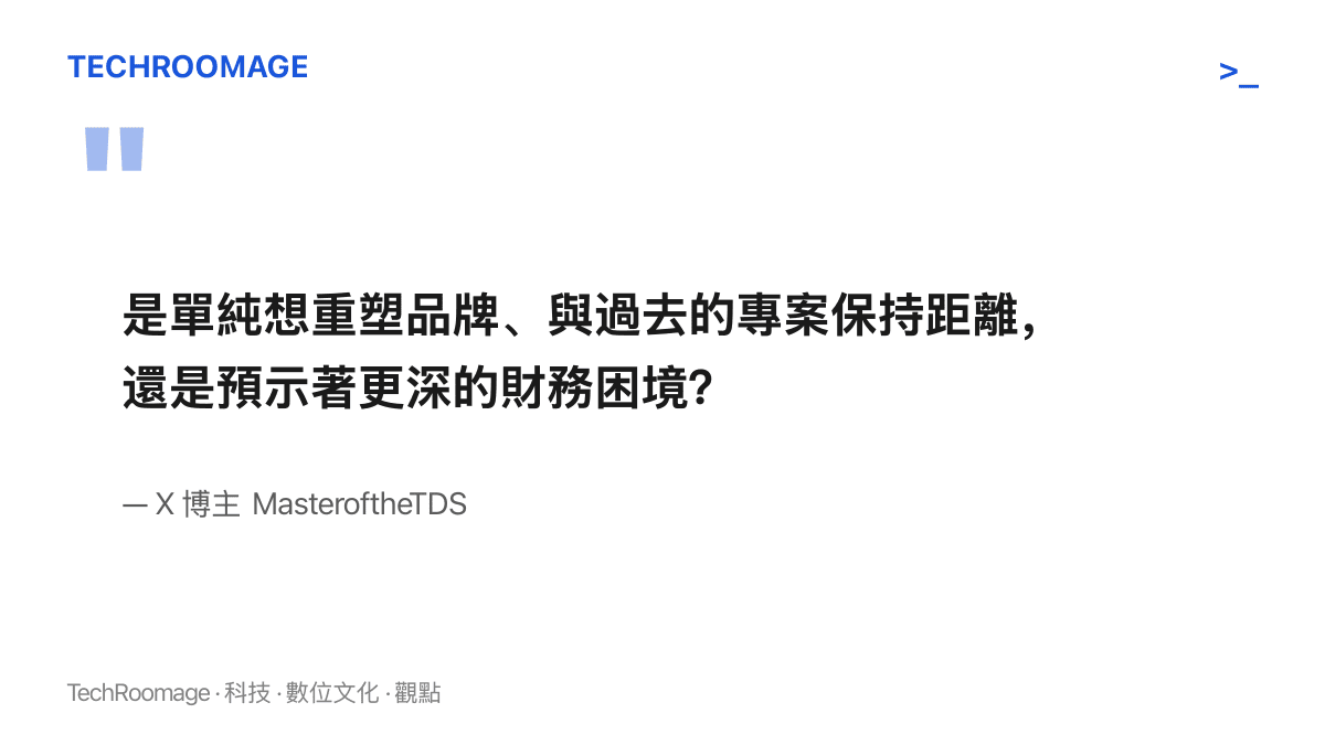 引言圖卡呈現 X 平臺博主 MasteroftheTDS 對 Sweet Baby 官網清空的提問，內容在問此舉是重塑品牌之舉，或是財務困境的徵兆