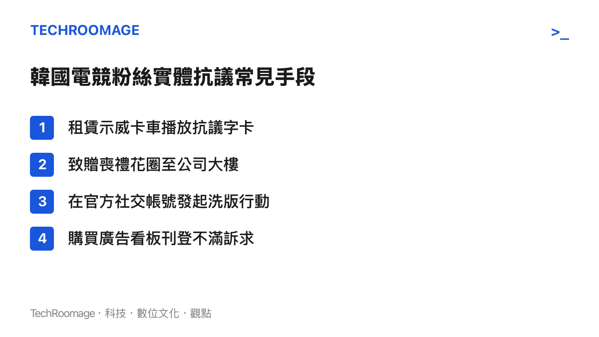 韓國電競粉絲實體抗議常見手段清單，包含示威卡車與喪禮花圈等項目